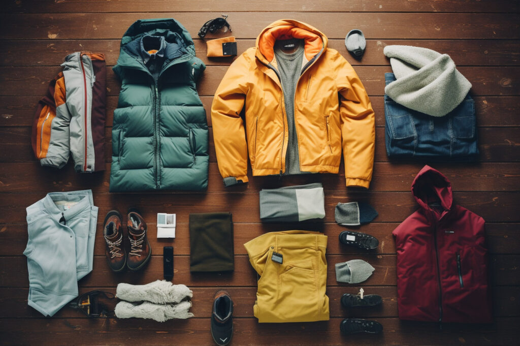 Winter Wardrobe, spread across a wood floor