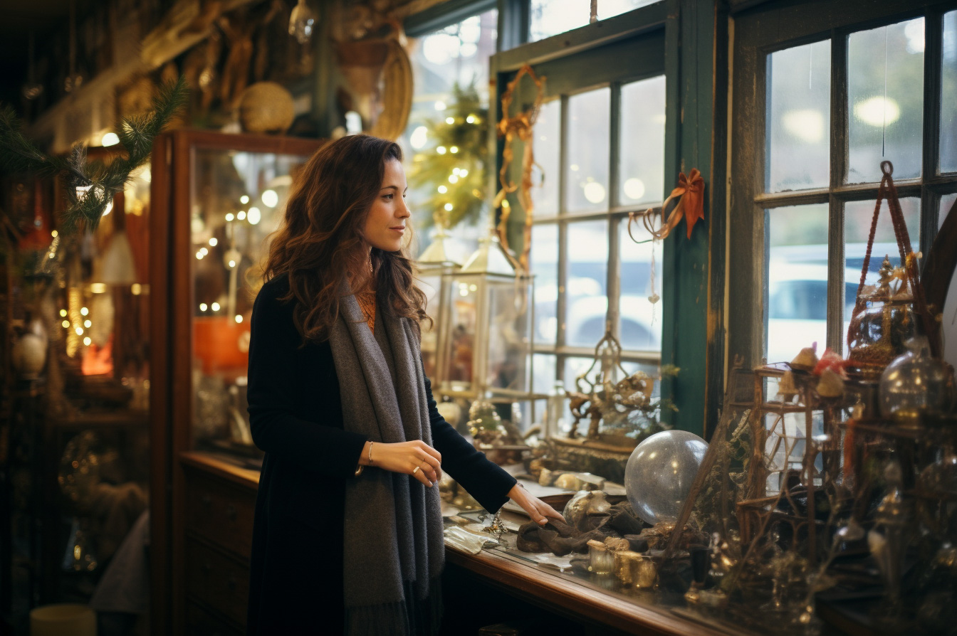 Shopper browsing items in a small antique shop