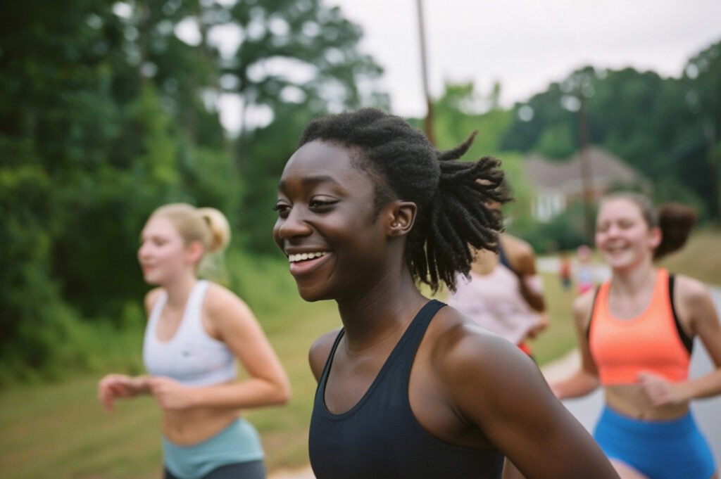 Group of Young Women Jogging in a Local Park