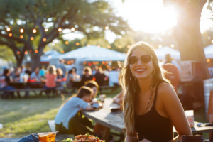 Locals sitting and enjoying food at tables during a local festival in Dallas