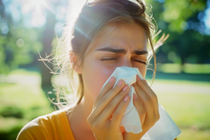 A woman blowing her nose while outdoors