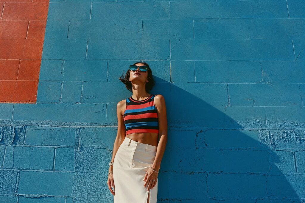 Fashionable individual in a sleeveless striped top and white skirt, posing in front of a color block wall at a clothing boutique