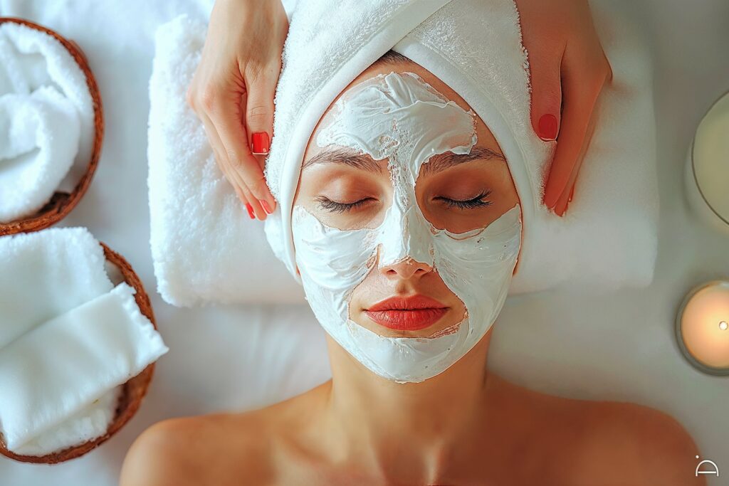 Woman at a Spa with a Face Mask on and Her Hair Wrapped in a Towel