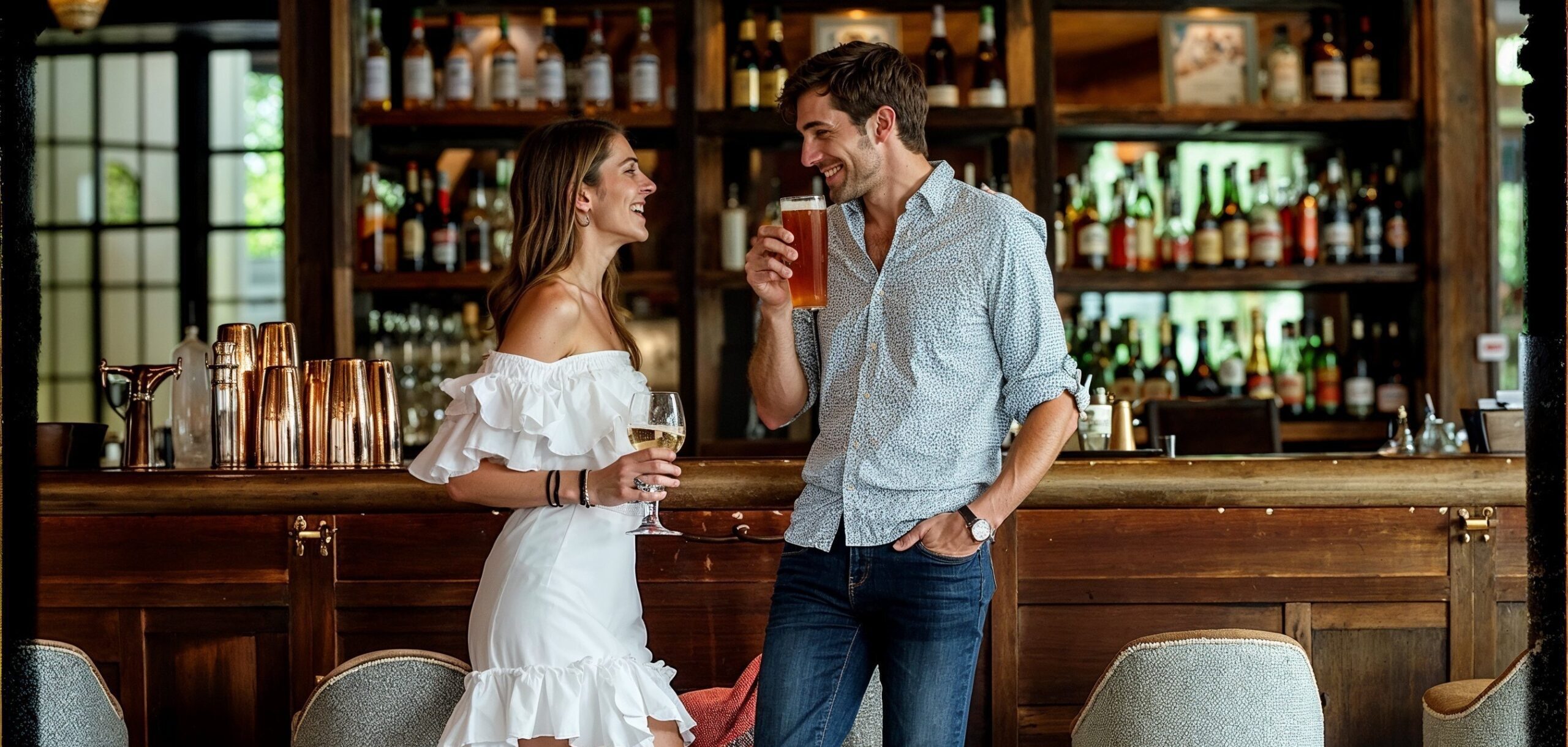 A lovely couple hanging out at a hotel bar